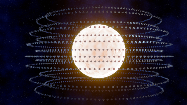 A glowing star encircled by a vast swarm of orbiting solar collectors.