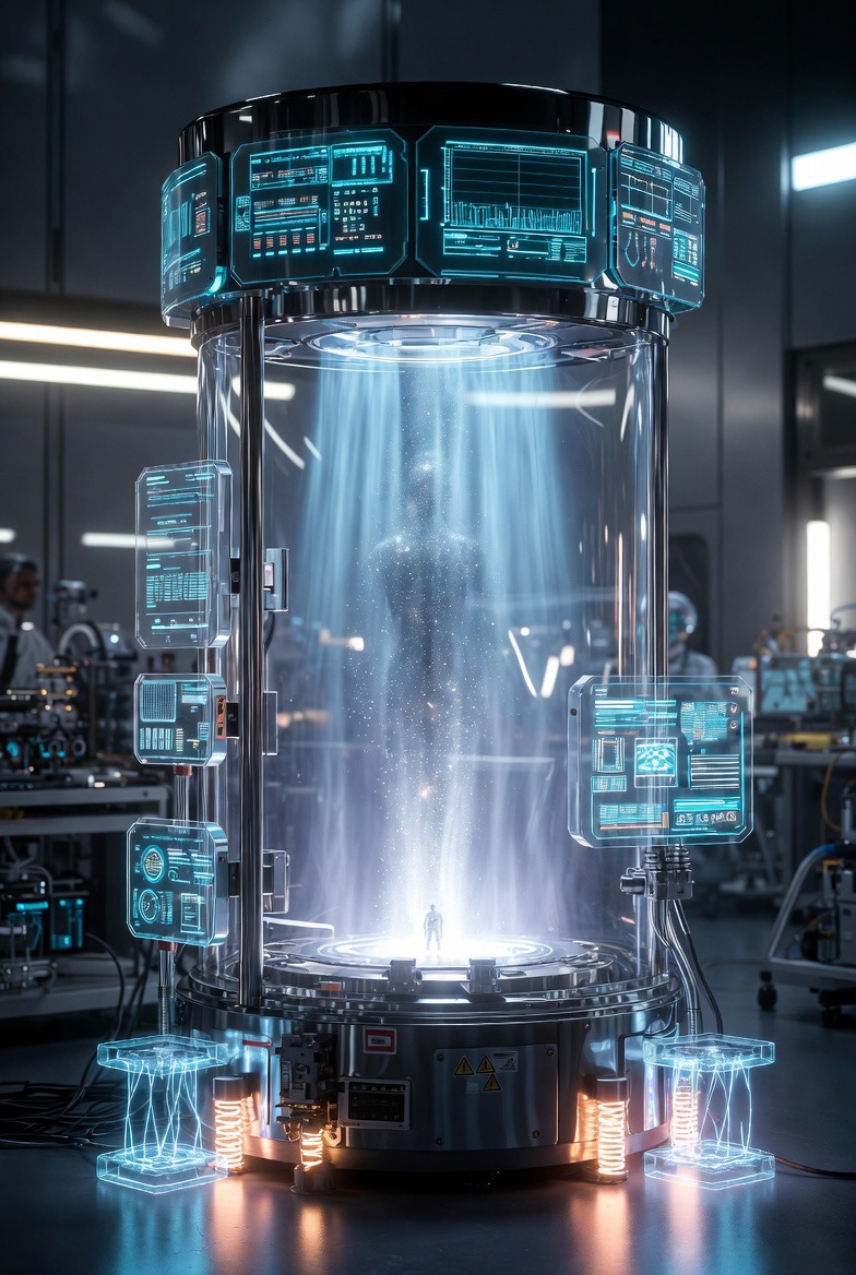 A futuristic cylindrical scaling chamber with holographic control panels surrounding a human silhouette.