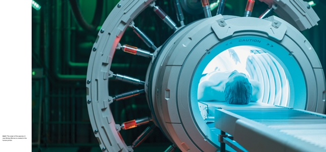 A futuristic biological reprinting chamber with a human subject inside a cylindrical scanner.