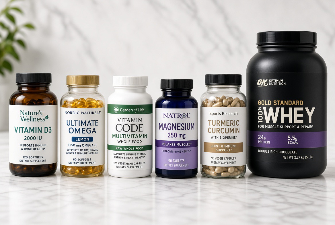 A lineup of popular supplements on a marble counter — vitamin D3, omega-3 fish oil, a whole-food multivitamin, magnesium, turmeric with bioperine, and a tub of whey protein