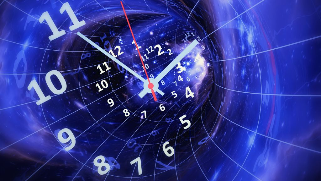A clock dissolving into a swirling cosmic vortex, symbolizing time travel.