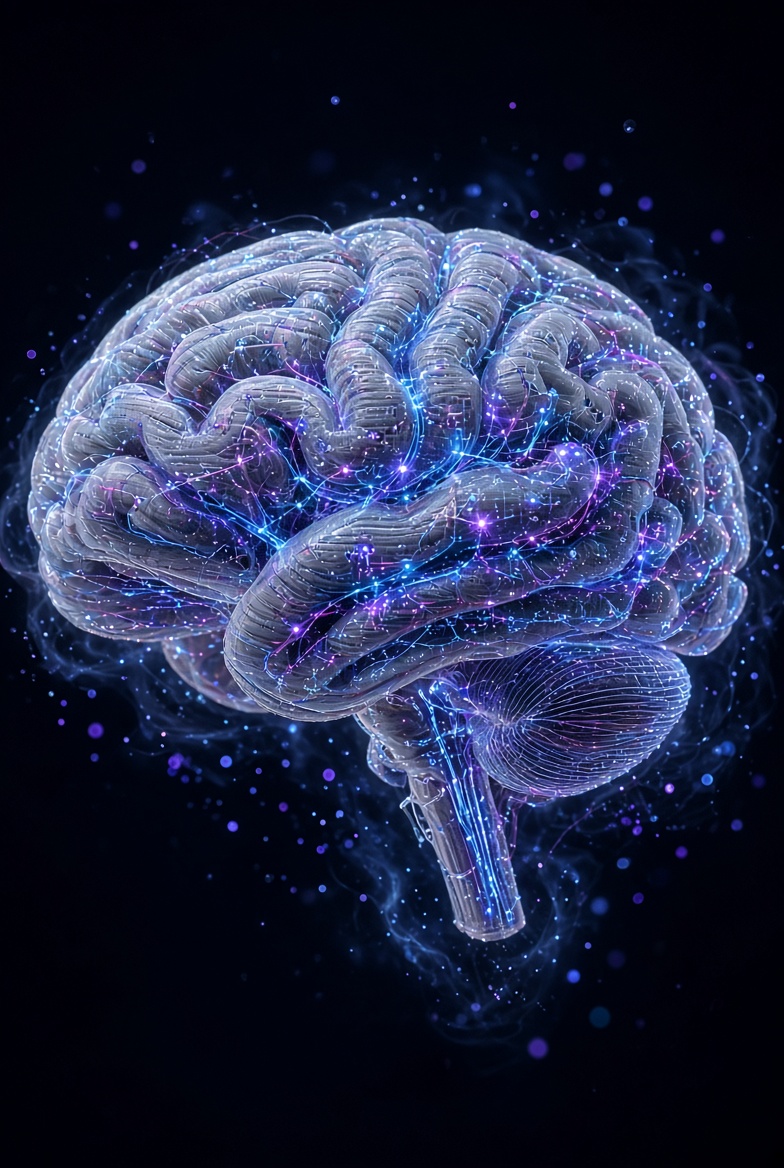 Luminous holographic human brain traced with glowing blue and violet neural circuitry